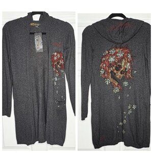 NWT Vintage Y2K Ed Hardy  By Christian Audigier Long Hooded Cardigan